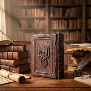 Può includere: Un grande libro in stile antico con un disegno in rilievo sulla copertina. Il libro è di colore marrone rossiccio scuro e si trova su un tavolo di legno con altri libri, una pergamena e strumenti di scrittura. Lo sfondo presenta una biblioteca.
