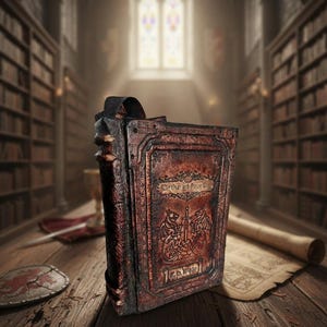Può includere: Immagine dettagliata di un grande libro antico con una copertina in pelle marrone scuro. La copertina presenta disegni in rilievo di un drago, una spada e testo. Il libro è su un tavolo di legno con altri oggetti, in una biblioteca.
