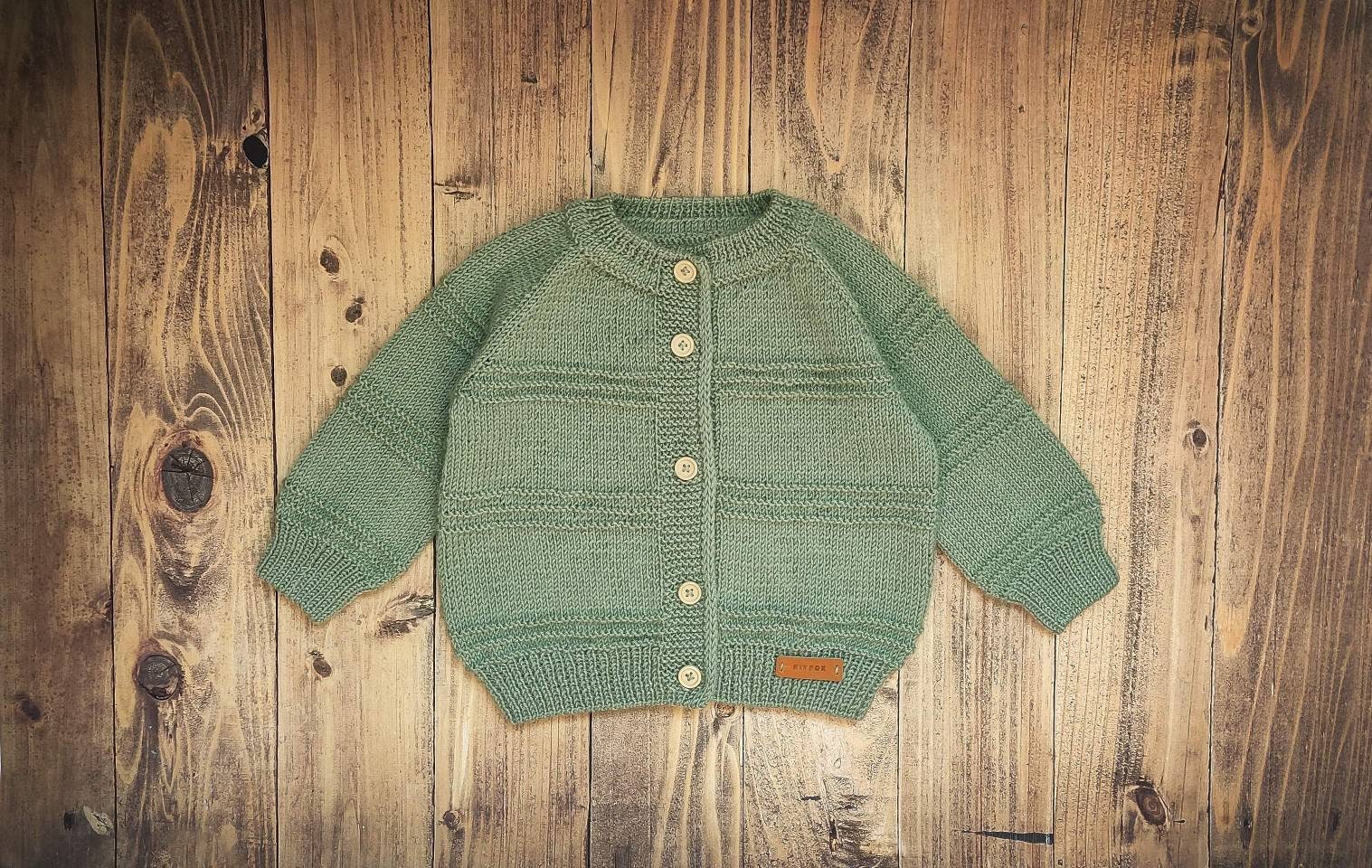 Hand Knit Baby Cardigan: Light Green Wool Blend, 3-6 Months