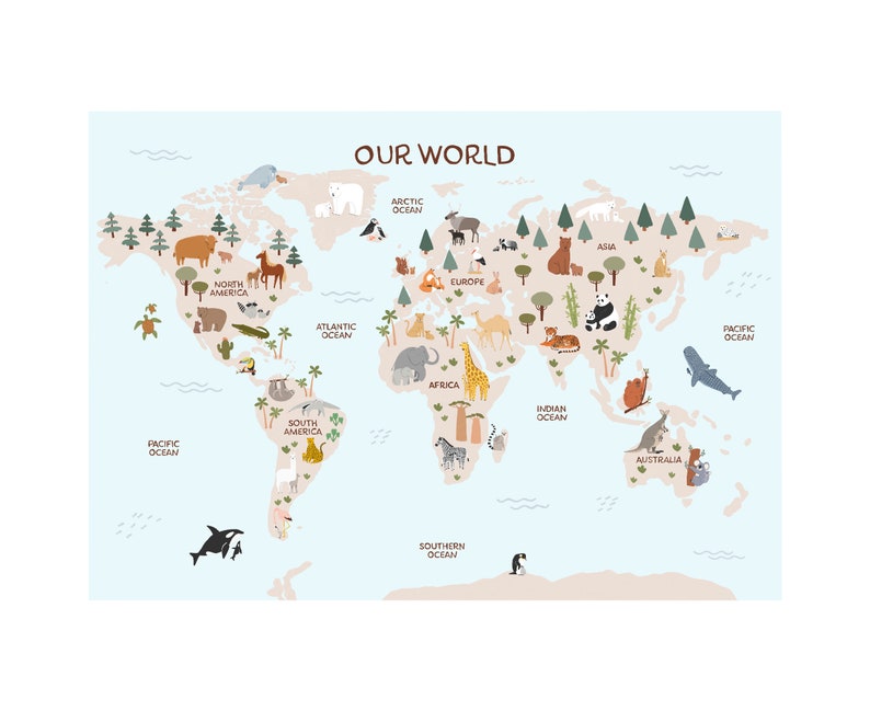 Animal World Map Mama and Baby Animals World Map Nursery Etsy UK