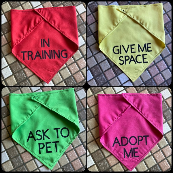 Phrase Bandanas - Tie On or Over the Collar Bandanas & Velcro Bowties for Dogs, Cats, Pets - Adopt Me, Give Me Space, Nervous, In Training