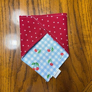 May include: A triangular pet bandana featuring a red fabric with white polka dots on one side and a light blue and white gingham pattern with a red cherry print on the other. A small white fabric tag with the text MudDogCompany is attached.