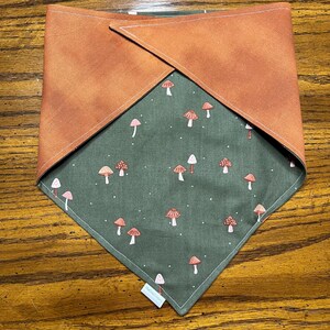 May include: A reversible pet bandana featuring a rust-colored fabric on one side and a green fabric with mushroom illustrations on the other. The bandana is folded in a triangle shape, with white stitching around the edges.