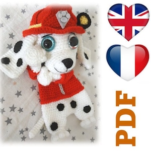 May include: Crochet pattern for a Dalmatian puppy wearing a red firefighter hat and jacket. The pattern is available in English and French. PDF.