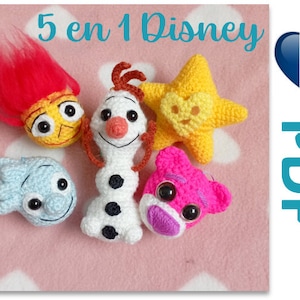 May include: Five crochet amigurumi patterns featuring Disney characters: Olaf from Frozen, a yellow star, a blue character with a spiky blue head, a pink character with purple ears, and a yellow character with red hair. The patterns are available in a PDF format.