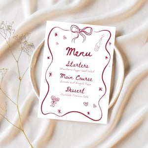 Modello di menu per cena / Download digitale / Design elegante personalizzabile e stampabile per intrattenere / Cuori rossi / Champagne / Fiocchi