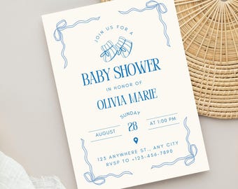 Baby Shower Invitation Template | Elegant Printable Baby Shower Invite | Blue Bows Doodle Baby Boy Invitation