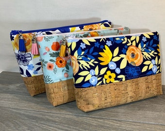 Modern Florals with Cork Toiletry / Makeup Bag, small