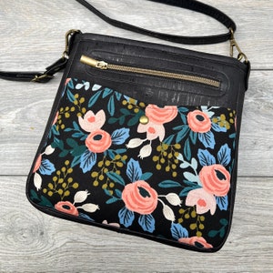 Black or Brown Cork Gaia Crossbody Purse with Rifle Paper Co Modern Floral Accent