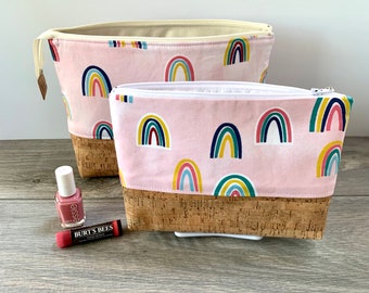 Graphic, Modern Rainbow print with Cork, Toiletry / Makeup Bag, two sizes