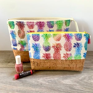 Ombre Rainbow Pineapple print with Cork, Toiletry / Makeup Bag, two sizes