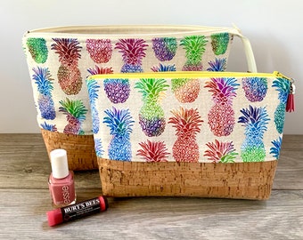 Ombre Rainbow Pineapple print with Cork, Toiletry / Makeup Bag, two sizes