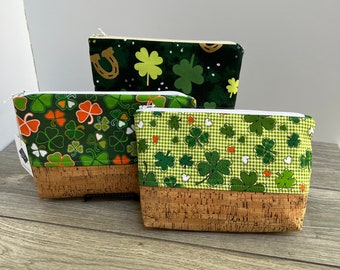 Irish Shamrocks with Cork Fabric Toiletry / Makeup Bag / clutch, small