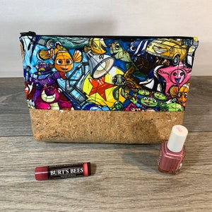 Rückstich Stoff Pixar Sketchy mit Korkstoff, Kulturbeutel, Makeup Tasche, klein