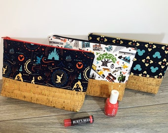 Disney Fan Fabric with Cork, Toiletry, Makeup Bag, two sizes