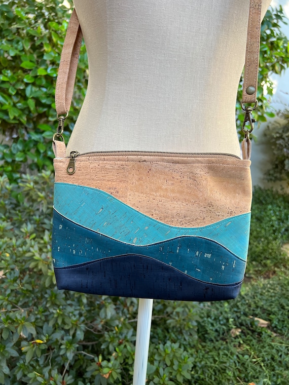 Cork Fabric Ocean & Sunset Waves Crossbody Bag, Purse