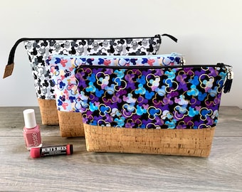 Disney Fan Fabric Mousefetti with Cork, Toiletry, Makeup Bag, two sizes