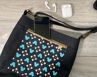 Mickey Fan, Mouse Head Tile, Black Canvas Aspen Crossbody Bag
