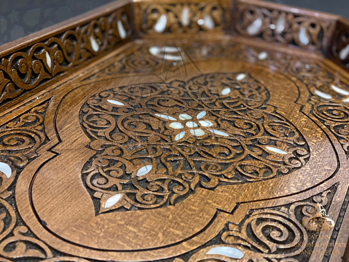Wooden Hand Carved Tray Inlaid With Pearl Rectangle Handmade Etsy
