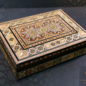 Luxury Wooden Jewelry Box / Handmade Box Inlaid with Mother of Pearl / Marquetry- Ornaments Storage Box padded in red Velvet