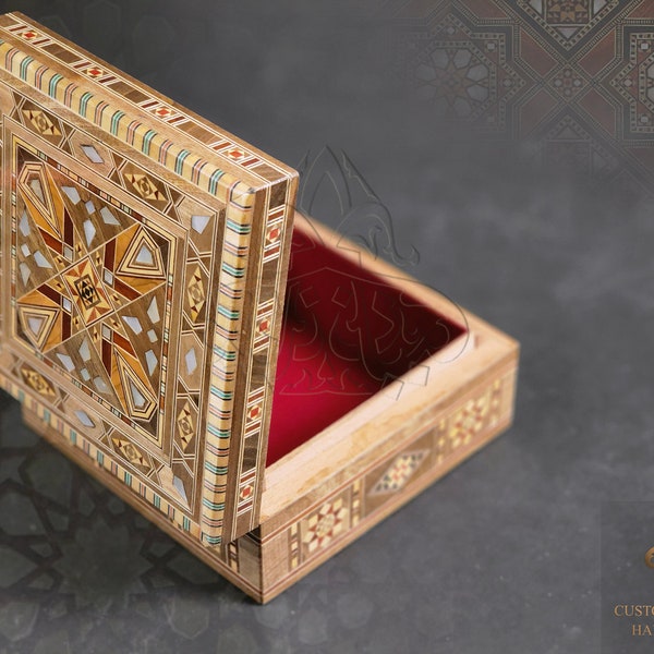 Small Jewelry Wooden Box / Handmade Square Mosaic Box Inlaid with pearl - Marquetry, Ring wood Box, Accessories box padded with red Velvet