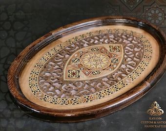 Wooden handmade Tray inlaid with pearl, Oval Carved Tray, Geometric Marquetry Tray, Mosaic Tray, Decorative Serving Trays, coffeTray