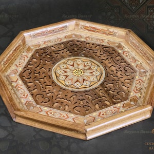 Bandeja de madera hecha a mano, bandeja octogonal tallada con incrustaciones de perla, bandeja de marquetería geométrica, bandeja de mosaico, bandeja decorativa para servir.
