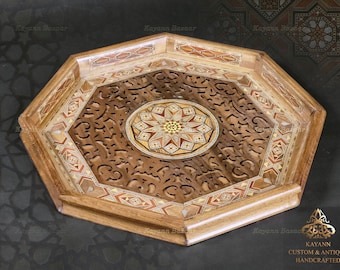 Handmade Wooden Tray, Octagonal Carved Tray Inlaid with pearl, Geometric Marquetry Tray, Mosaic Tray, Decorative Serving Tray