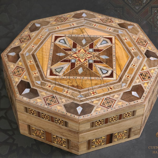 Jewelry Wooden Box / Handmade Mosaic Box Inlaid with Mother of pearl - Marquetry, Ornaments Storage Box padded in red Velvet