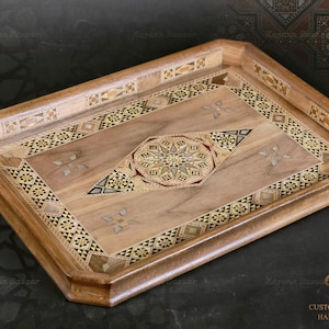 Handmade Wooden Tray, Large Rectangle Carved Tray Inlaid with pearl, Geometric Marquetry Tray, Mosaic Tray, Decorative Serving Tray
