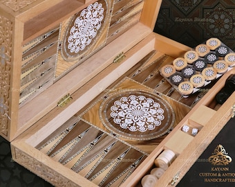 Luxury Backgammon Board, Solid Handmade Backgammon set, High Quality Backgammon, Hand carved Wooden Backgammon inlaid mother of pearl