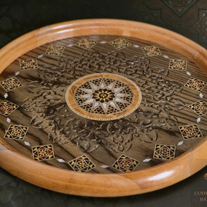 Circle Wooden handmade Tray inlaid with pearl, Round Carved Tray, Marquetry Tray, Mosaic Tray, Decorative Serving Trays, coffee Tray