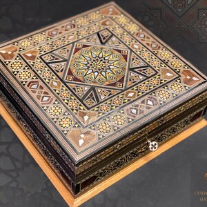 Jewelry Wooden Box / Square Box, Handmade Mosaic Box Inlaid with Pearl - Marquetry, Ornaments Storage Box with key padded in red Velvet