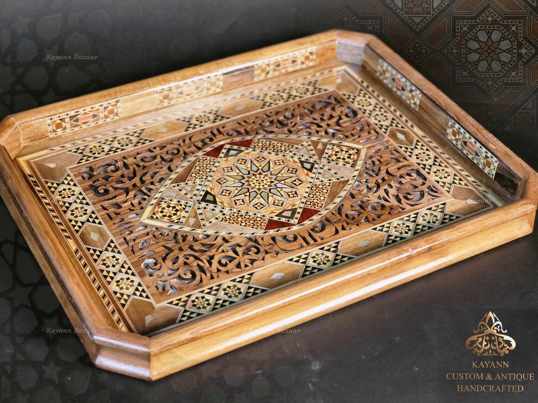 Handmade Wide Wooden Tray, Large Rectangle Carved Tray Inlaid With