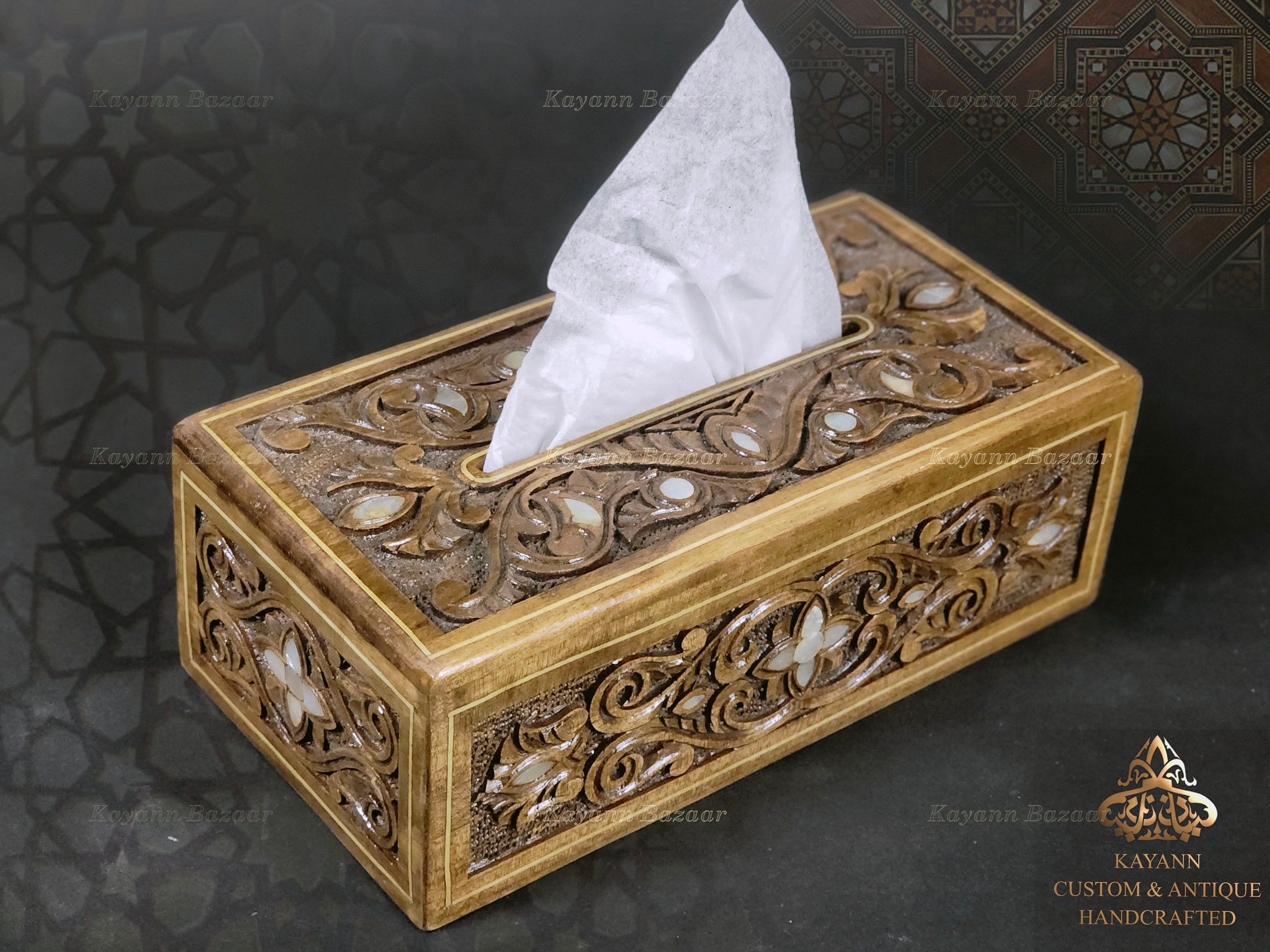 Wooden Tissue Box / Hand Carved Wood tissues Box Inlaid with mother of pearl - Rectangular Tissue Cover Holder, Unique Walnut tissue box