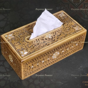 Wooden Tissue Box / Hand Carved Wood Tissues Box Inlaid With Mother of ...