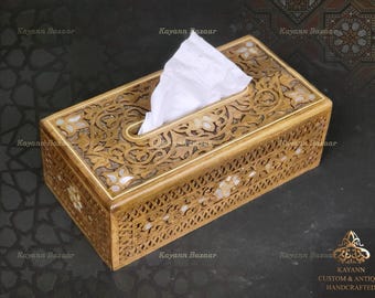 Wooden Tissue Box / Hand Carved Wood tissues Box Inlaid with mother of pearl - Rectangular Tissue Cover Holder, Unique Walnut tissue box