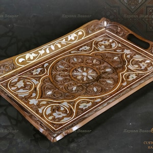 Wooden Hand Carved Tray inlaid with pearl, Rectangle Handmade Tray, Marquetry Tray, Mosaic Tray, Decorative Serving Trays, Luxury Tray