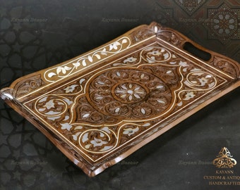 Set of 2 Vintage Florentine Style Ornate Trays with Floral Decor- Kitsch Italian Decorative Shabby Trays - Gold Wooden Italian Tray
