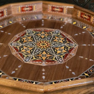 Circle Wooden handmade Tray inlaid with pearl, Round Carved Tray, Marquetry Tray, Mosaic Tray, Decorative Serving Trays, coffee Tray