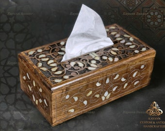 Wooden Tissue Box / Hand Carved Wood tissues Box Inlaid with mother of pearl - Rectangular Tissue Cover Holder, Unique Walnut tissue box