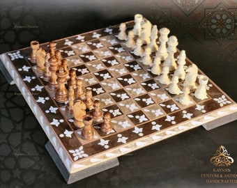 20 inches Chess Flat Board / Handmade Wooden Chess Set / large Chess with Hand Carved Pieces, Wooden Chess Pieces, Marquetry Chess