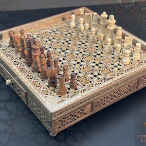 Chess Set with wooden pieces Hand Carved / Chess Board with drawer / Wooden Chess Pieces, Handmade Marquetry Chess Board