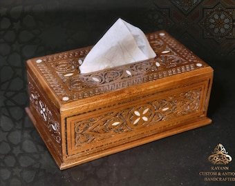 Wooden Tissue Box / Hand Carved Wood tissues Box Inlaid with mother of pearl - Rectangular Tissue Cover Holder, Unique Walnut tissue box