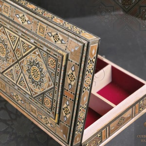 Luxury Wooden Jewelry Box /  Handmade Mosaic Inlaid with Mother of Pearl / Marquetry - Ornaments Storage Box with key padded in red Velvet.