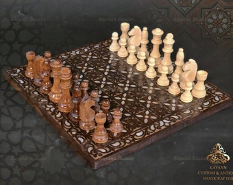 Chess Flat Board / Wooden Chess Set / Hand Carved Chess Wood inlay with mother of pearl, Wooden Chess Pieces, Marquetry Chess