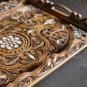 Wooden Hand Carved Tray inlaid with pearl, Rectangle Handmade Tray, Marquetry Tray, Mosaic Tray, Decorative Serving Trays, Luxury Tray