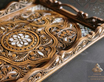 Wooden Hand Carved Tray inlaid with pearl, Rectangle Handmade Tray, Marquetry Tray, Mosaic Tray, Decorative Serving Trays, Luxury Tray