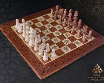 Chess Flat Board / Wooden Chess Set / Chess with Hand Carved Pieces, Wooden Chess Pieces, Marquetry Chess