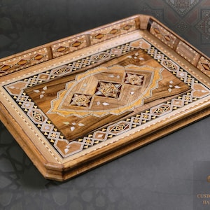 Bandeja de madera hecha a mano, bandeja rectangular tallada con incrustaciones de perla, bandeja de marquetería geométrica, bandeja de mosaico, bandeja decorativa para servir.